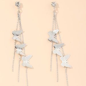 Delicate Butterfly Silver Tassel CZ Drop Earrings